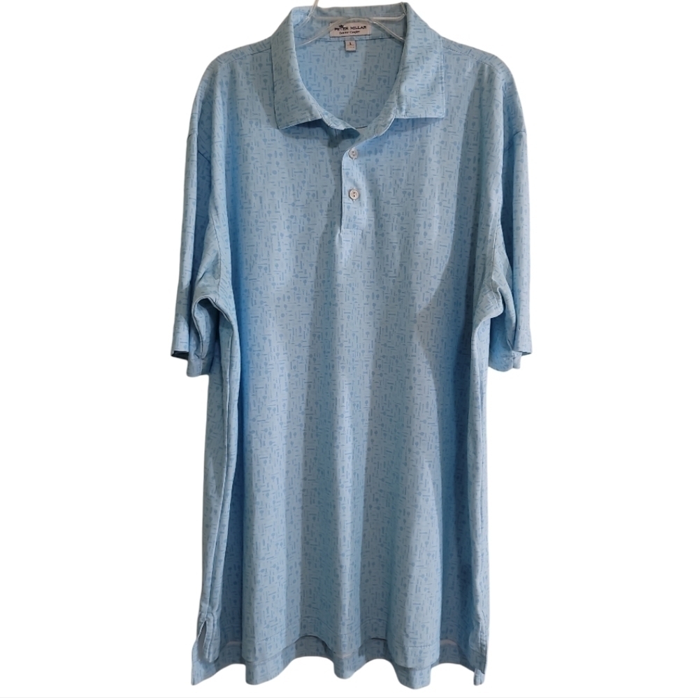 Peter Millar Summer Comfort Light Blue Key Print Polo Shirt Large Golf